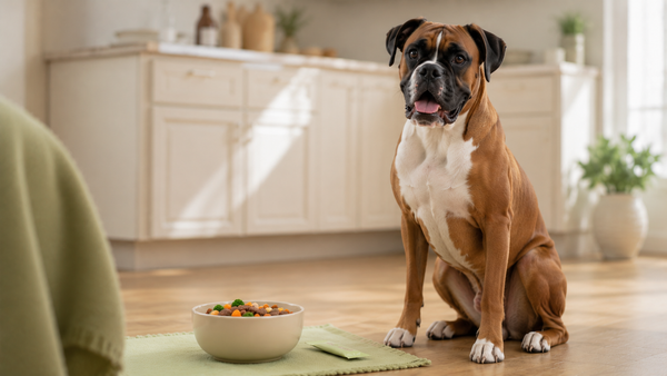 Boxer dog sitting beside a food bowl in a bright calm kitchen, illustrating probiotics for Boxer dogs