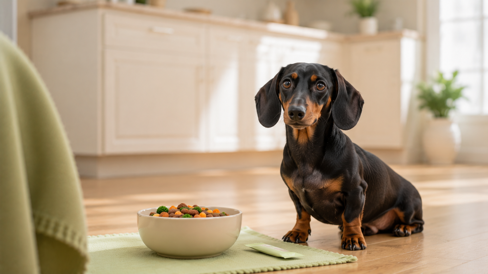 Dachshund sitting beside a kibble bowl in a bright calm kitchen, illustrating probiotics for Dachshunds