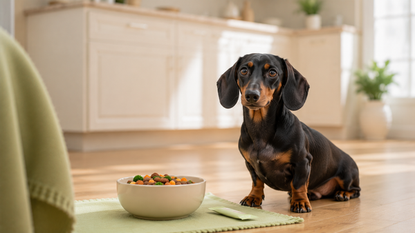 Dachshund sitting beside a kibble bowl in a bright calm kitchen, illustrating probiotics for Dachshunds