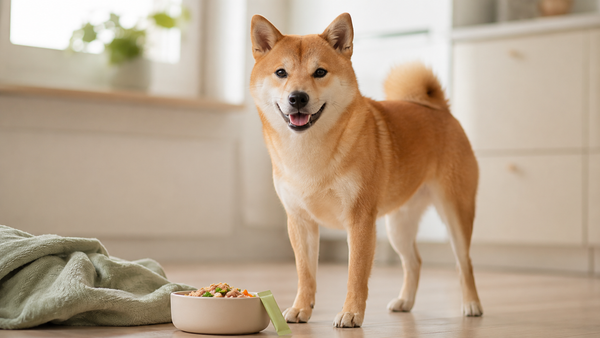 Shiba Inu beside a food bowl in a bright kitchen — dog probiotics for digestion and inflammation