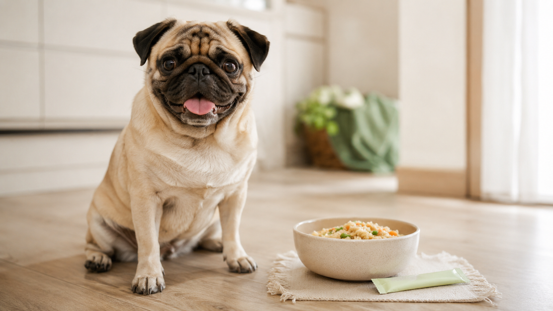 Pug sitting beside a fresh bowl in a bright kitchen — probiotics for dog gut health