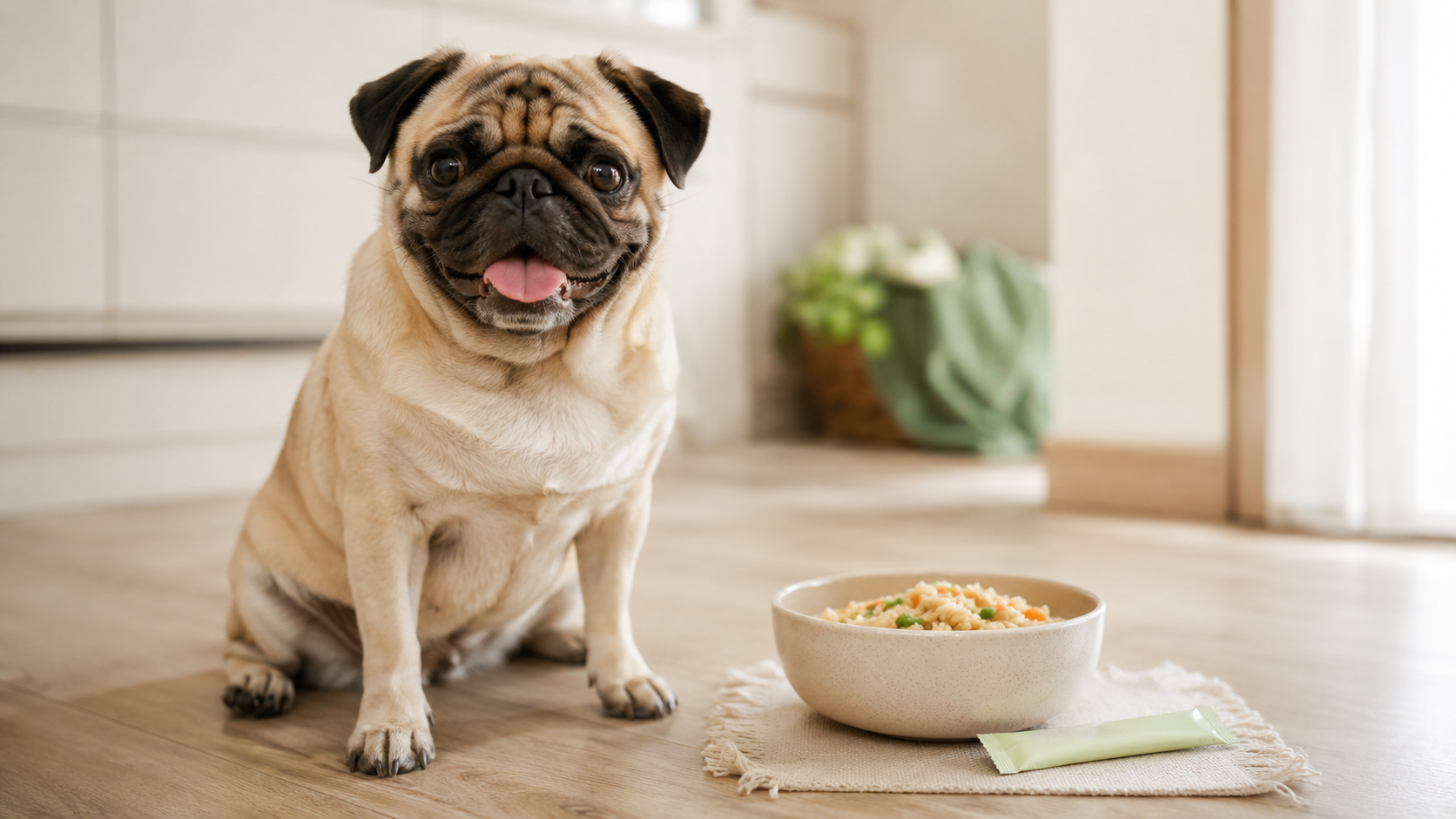 Pug sitting beside a fresh bowl in a bright kitchen — probiotics for dog gut health