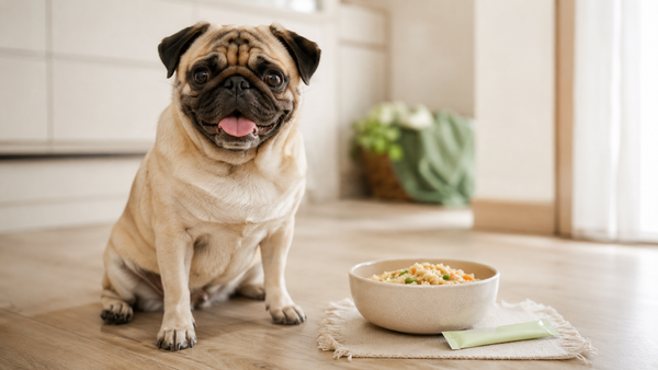 Pug sitting beside a fresh bowl in a bright kitchen — probiotics for dog gut health
