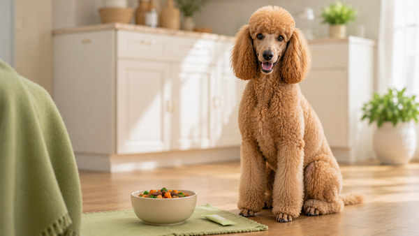 Standard Poodle sitting beside a kibble bowl in a bright calm kitchen, illustrating probiotics for Poodles