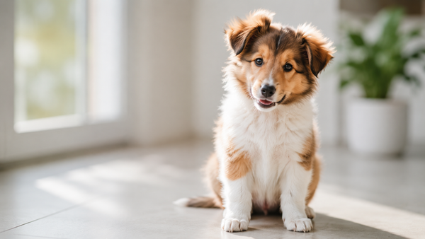 Bright-eyed young puppy sitting playfully in soft natural light, illustrating probiotics for puppies and early gut health