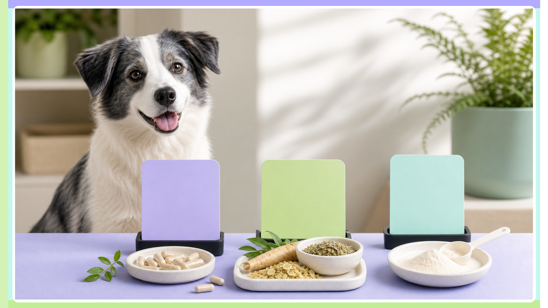 Dog beside three ingredient boards and supplement bowls in Plentum brand colors for a probiotic, prebiotic, and postbiotic comparison.