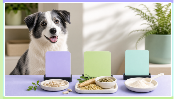 Dog beside three ingredient boards and supplement bowls in Plentum brand colors for a probiotic, prebiotic, and postbiotic comparison.