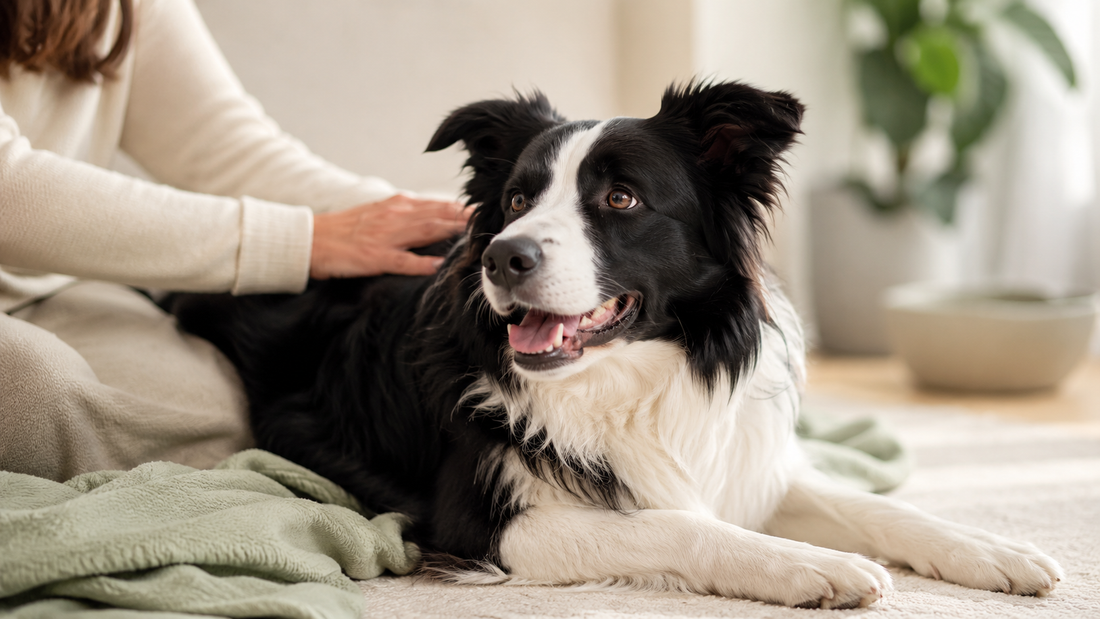 Healthy glossy-coated Border Collie lying relaxed as its owner strokes its back, illustrating how probiotics help dogs with skin allergies