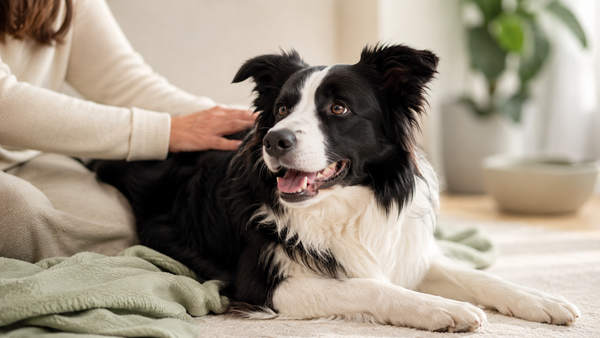 Healthy glossy-coated Border Collie lying relaxed as its owner strokes its back, illustrating how probiotics help dogs with skin allergies