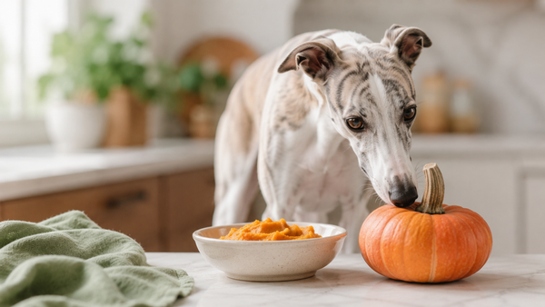 Whippet sniffing a ripe orange pumpkin beside a bowl of pumpkin puree on a kitchen counter, showing how pumpkin supports dog digestion