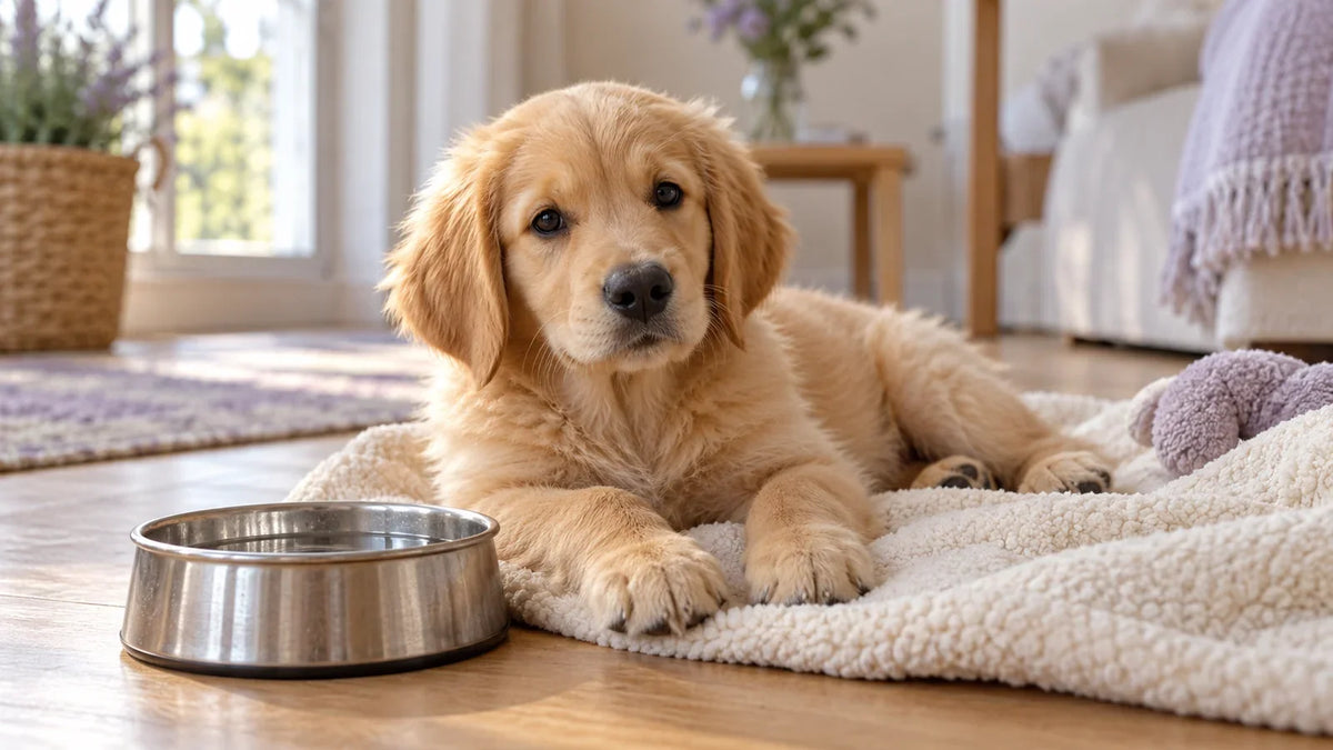 Golden retriever puppy resting on a cream blanket beside a shallow water bowl.
