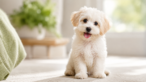 Bright-eyed fluffy puppy sitting playfully in soft natural light — building a gut-friendly daily routine for a sensitive stomach