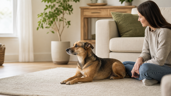 Calm dog showing relaxed body language at home