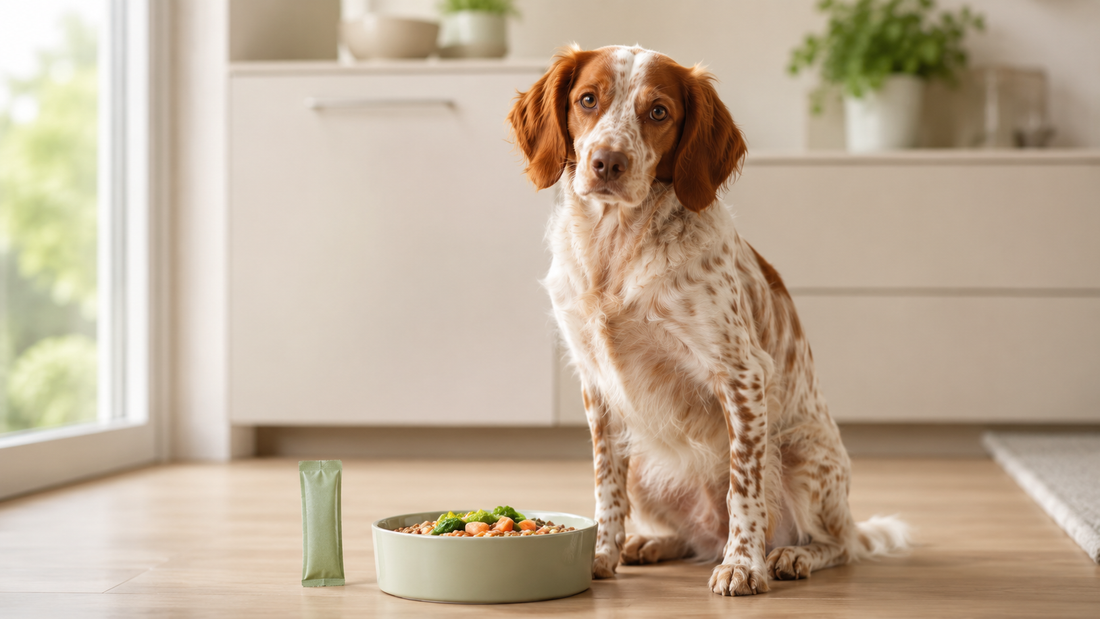 Brittany Spaniel sitting beside a fresh bowl of food in a bright calm kitchen — rotational feeding for the canine microbiome