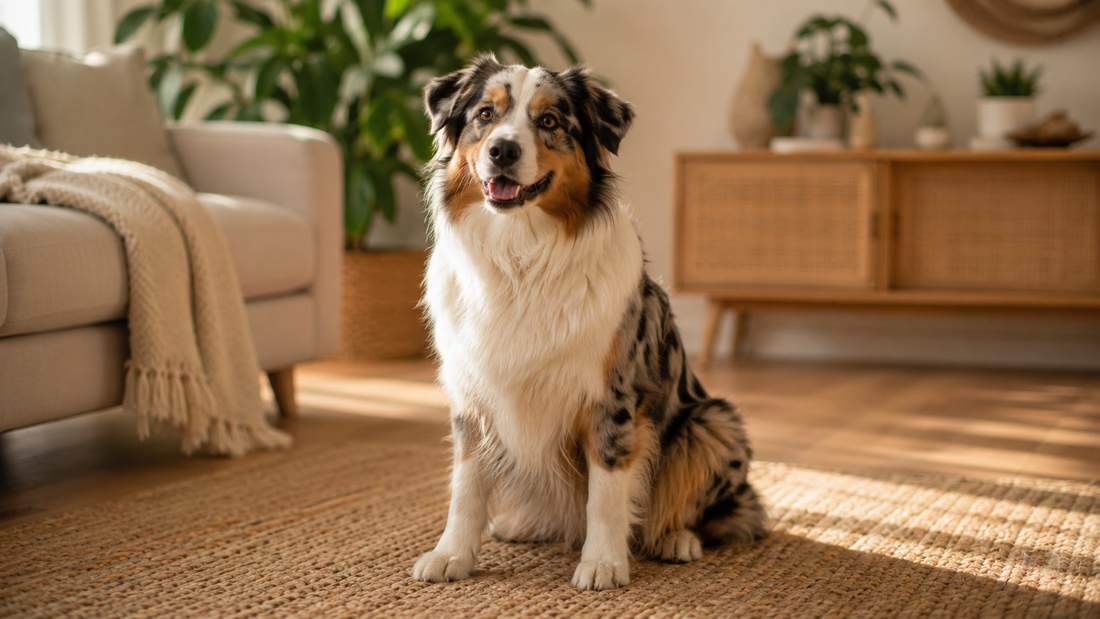 An alert Australian shepherd sitting in a warm sunlit living room — Safmannan beta-glucan for dogs