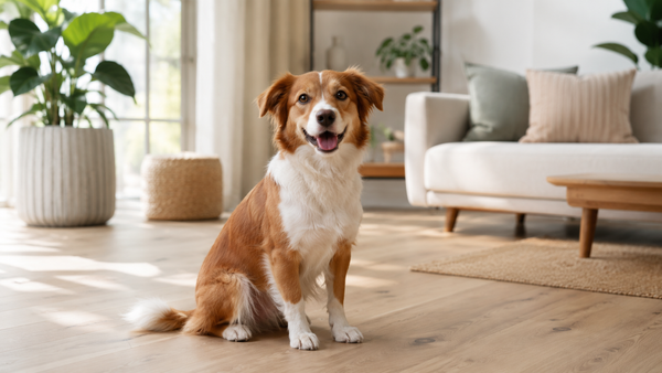 Happy healthy dog relaxing comfortably at home