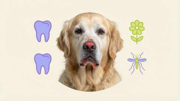 Senior dog facial swelling causes guide infographic in Plentum brand colors