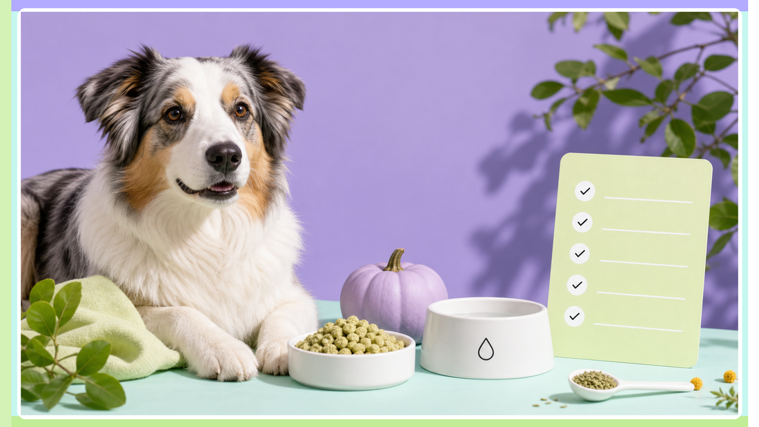 Dog beside a gentle food bowl and checklist in Plentum brand colors for a sensitive-stomach routine guide.