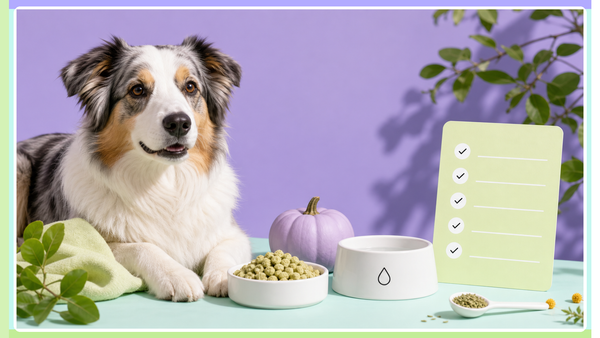 Dog beside a gentle food bowl and checklist in Plentum brand colors for a sensitive-stomach routine guide.