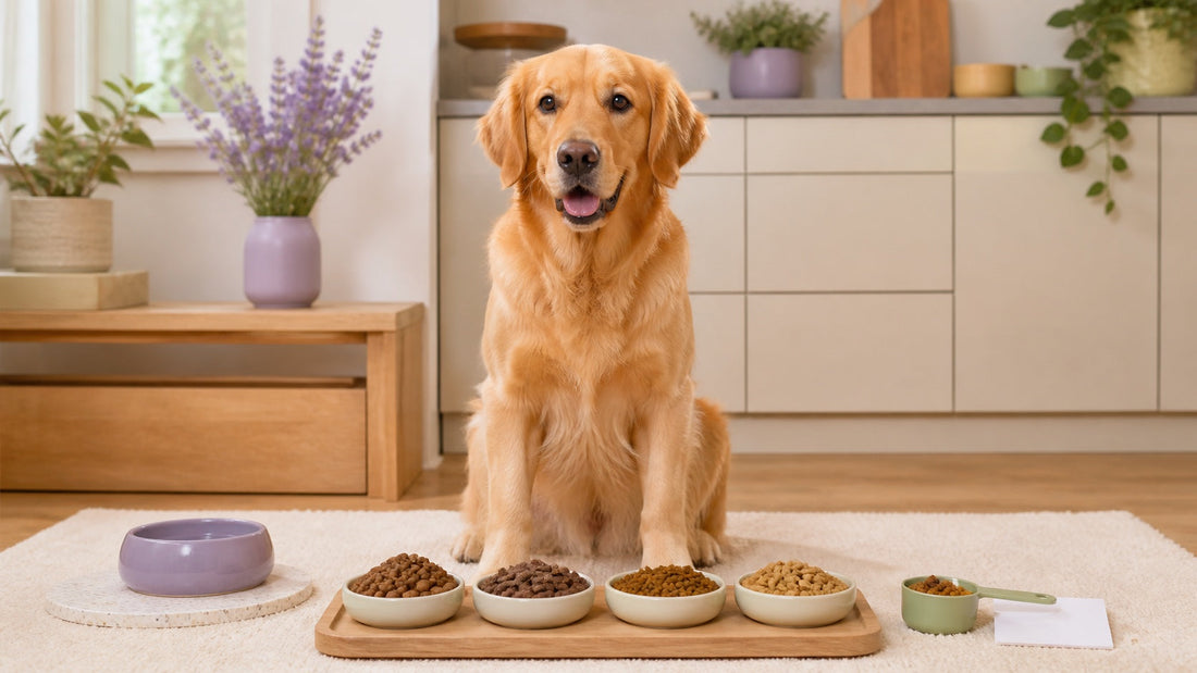Golden retriever comparing four bowls of sensitive-stomach dog food in a bright kitchen