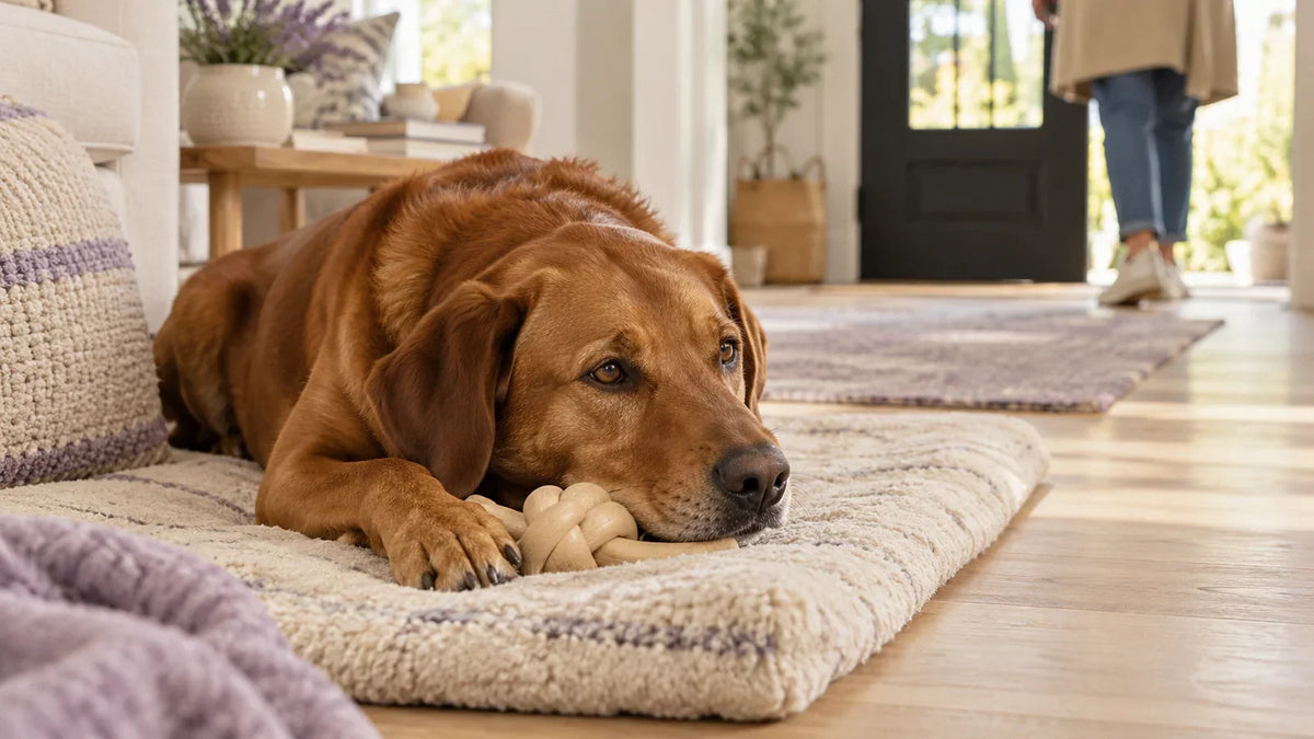 Brown dog resting on a cream mat with a chew toy near a doorway.