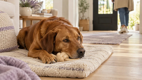 Brown dog resting on a cream mat with a chew toy near a doorway.