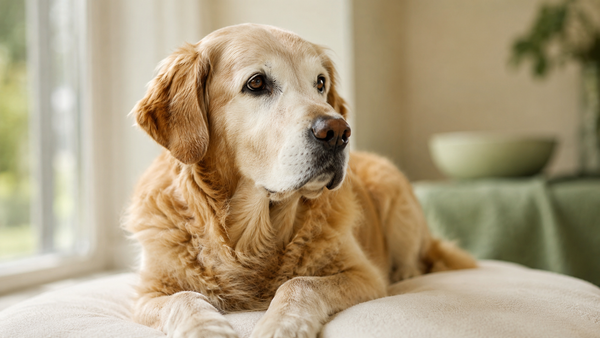 Senior grey-muzzled Golden Retriever resting serenely in warm window light, illustrating signs an aging dog may benefit from a daily gut-health supplement.