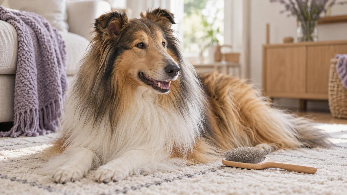 Collie lying on a cream rug beside a grooming brush.