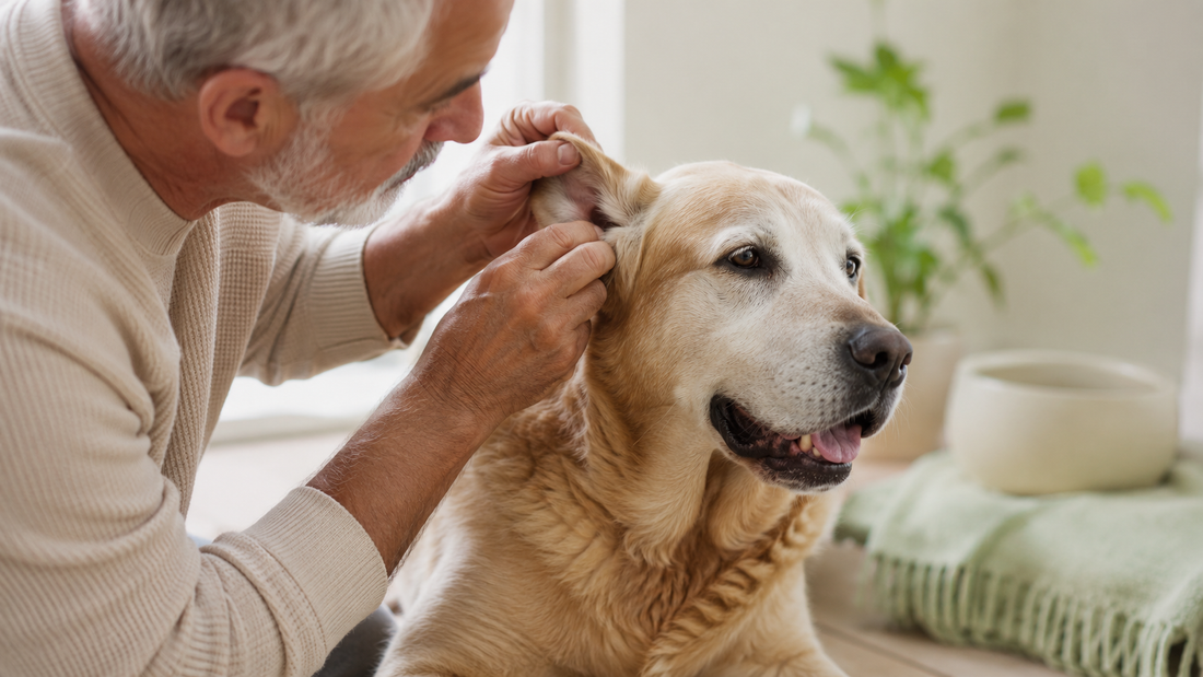 Owner gently checking a senior grey-muzzled Labrador's ear at home, dog supplements and longevity research
