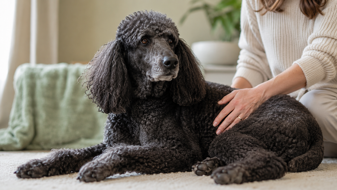 Healthy glossy-coated silver Standard Poodle lying relaxed as its owner strokes its back, illustrating the link between gut health and skin conditions in dogs