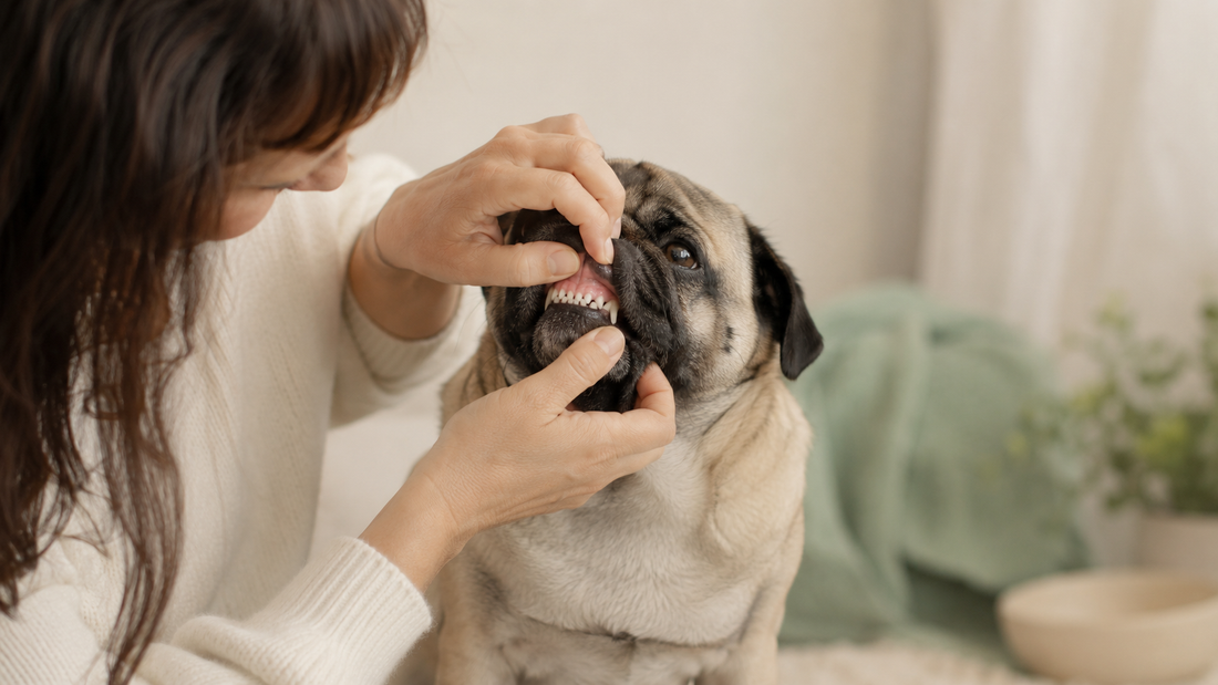 Owner gently lifting a Pug's lip to reveal clean teeth and healthy gums, illustrating the oral-gut axis in dogs and how dental health affects the whole body