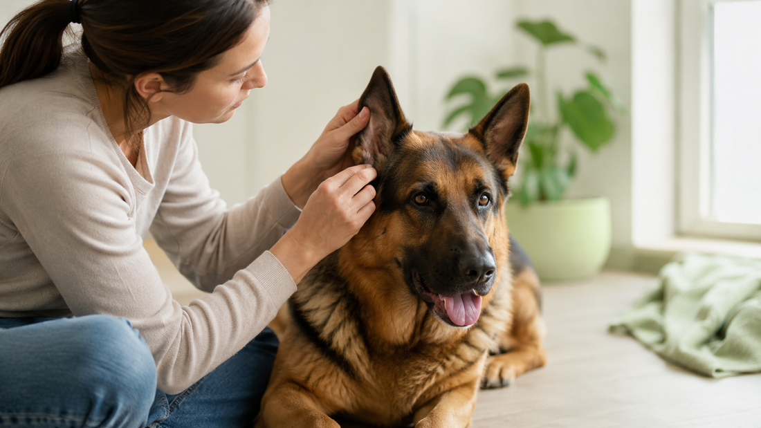 German Shepherd having its ear gently checked at home by its owner — natural dog wellness and supplement care