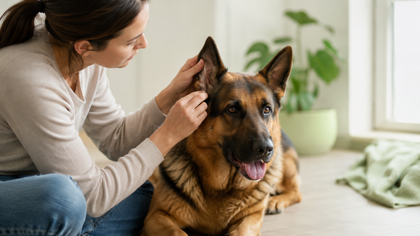 German Shepherd having its ear gently checked at home by its owner — natural dog wellness and supplement care