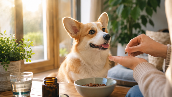 Cheerful healthy corgi by a sunny window in morning light representing what time of day to give dog gut support