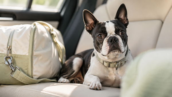 Boston Terrier resting calmly in a car seat with a travel bag — dog travel gut-health essentials