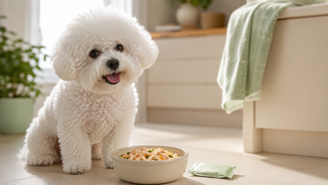 Bichon Frise beside a fresh bowl in a bright kitchen — postbiotics for dogs explained