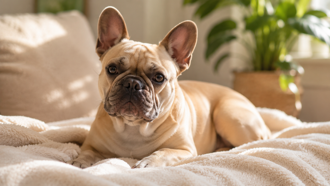 A comfortable French bulldog with a smooth healthy coat resting on a soft cream blanket — itchy skin and the gut-skin axis