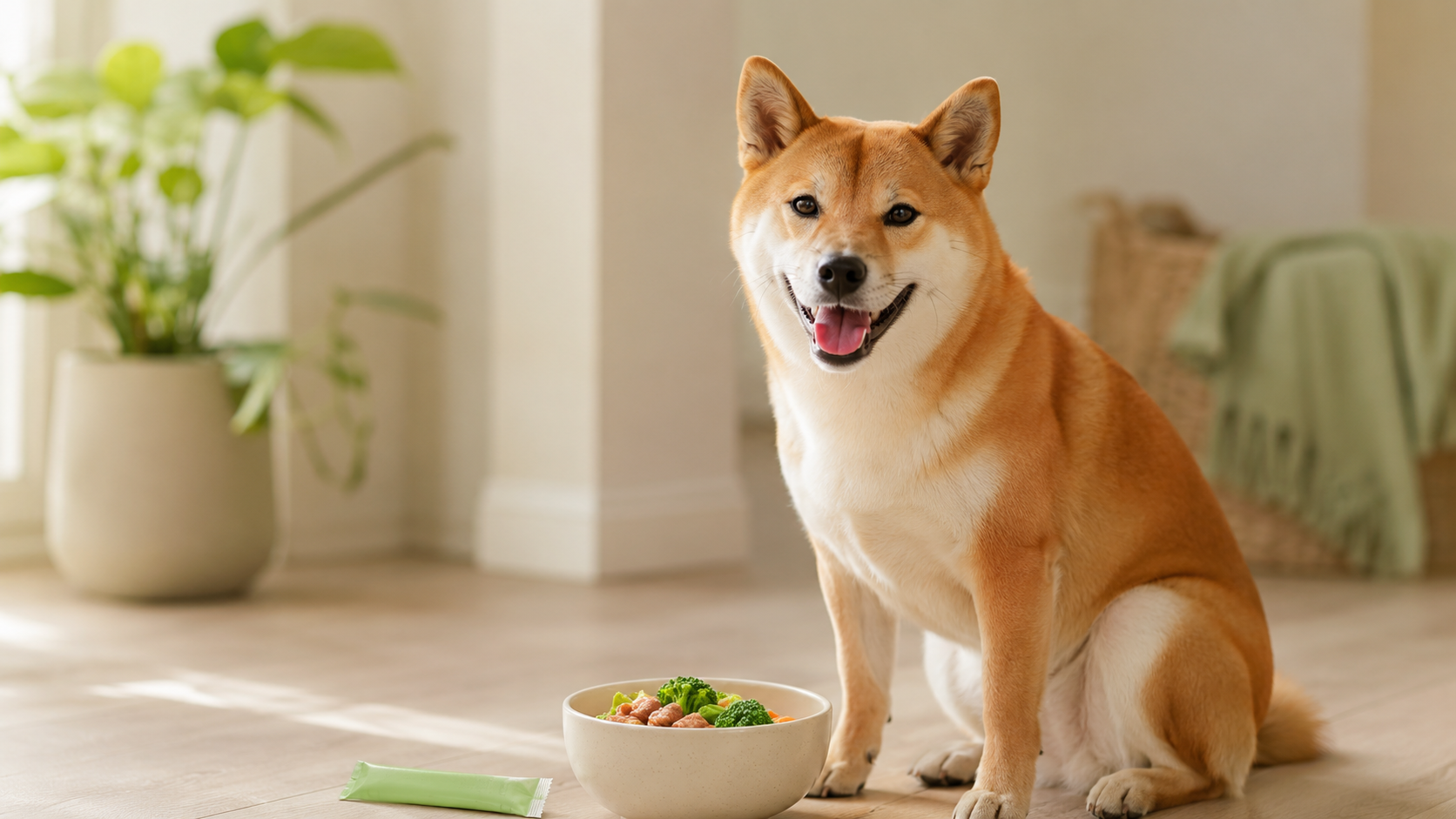Healthy Shiba Inu beside a fresh meal bowl in a calm sage kitchen — best probiotic for dogs 2026 vet-backed guide