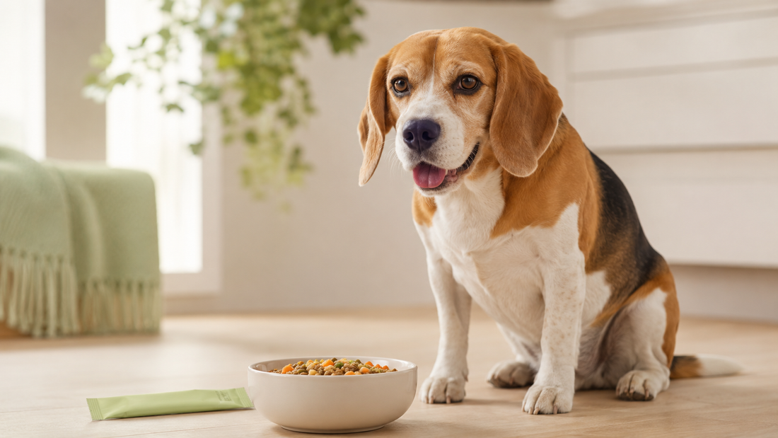 Healthy happy Beagle beside its food bowl with a fresh meal in a bright calm kitchen, illustrating the dog gut microbiome