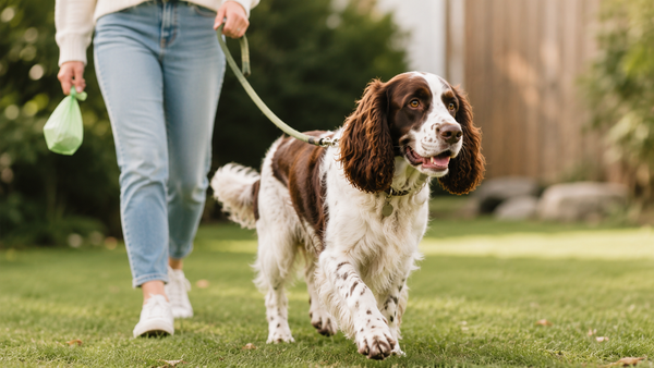 English Springer Spaniel walking on a grassy yard beside its owner holding a leash and poop bag, illustrating coprophagia and why dogs eat poop