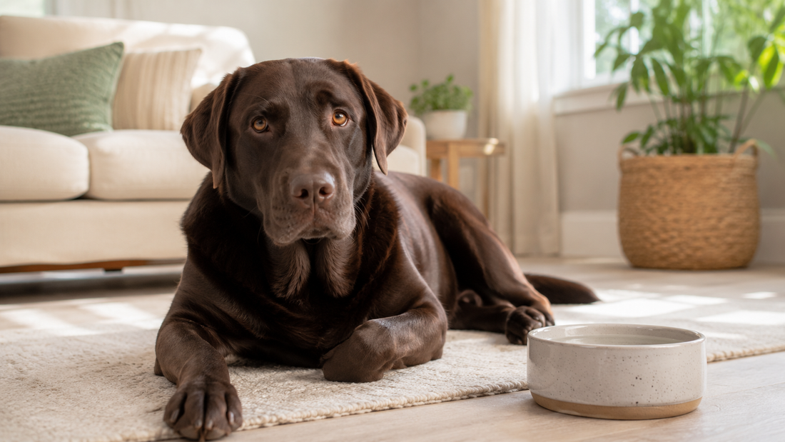 A calm chocolate labrador resting on a living-room floor near a water bowl — soft dog stool, vet-informed guide