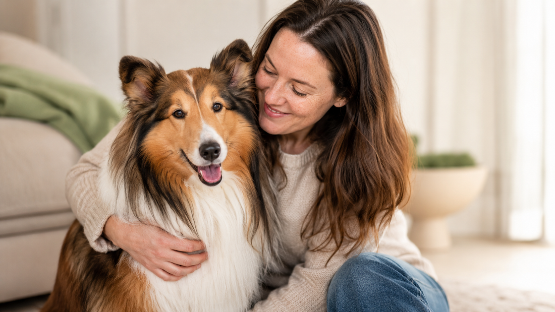 A woman sharing a warm bonding moment hugging her happy Rough Collie at home - why Plentum is not for sale