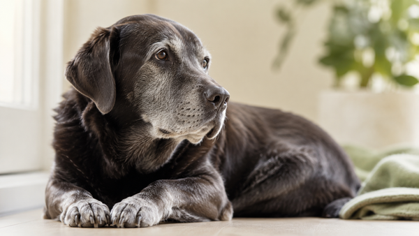 Dignified grey-muzzled senior Labrador resting serenely in warm window light, illustrating why senior dogs need different nutrition after age seven