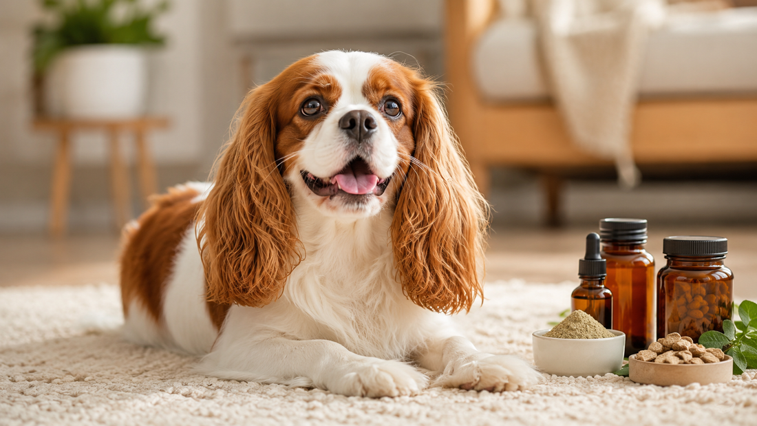 Content healthy cavalier king charles spaniel in warm light representing all-in-one vs single dog supplements