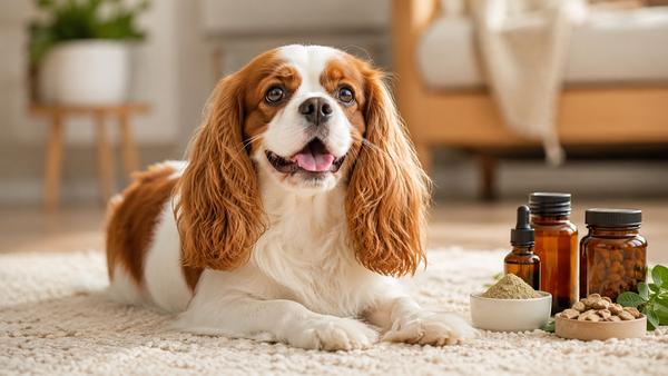 Content healthy cavalier king charles spaniel in warm light representing all-in-one vs single dog supplements