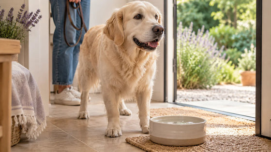 Cream dog standing near a clean water bowl at a garden doorway.