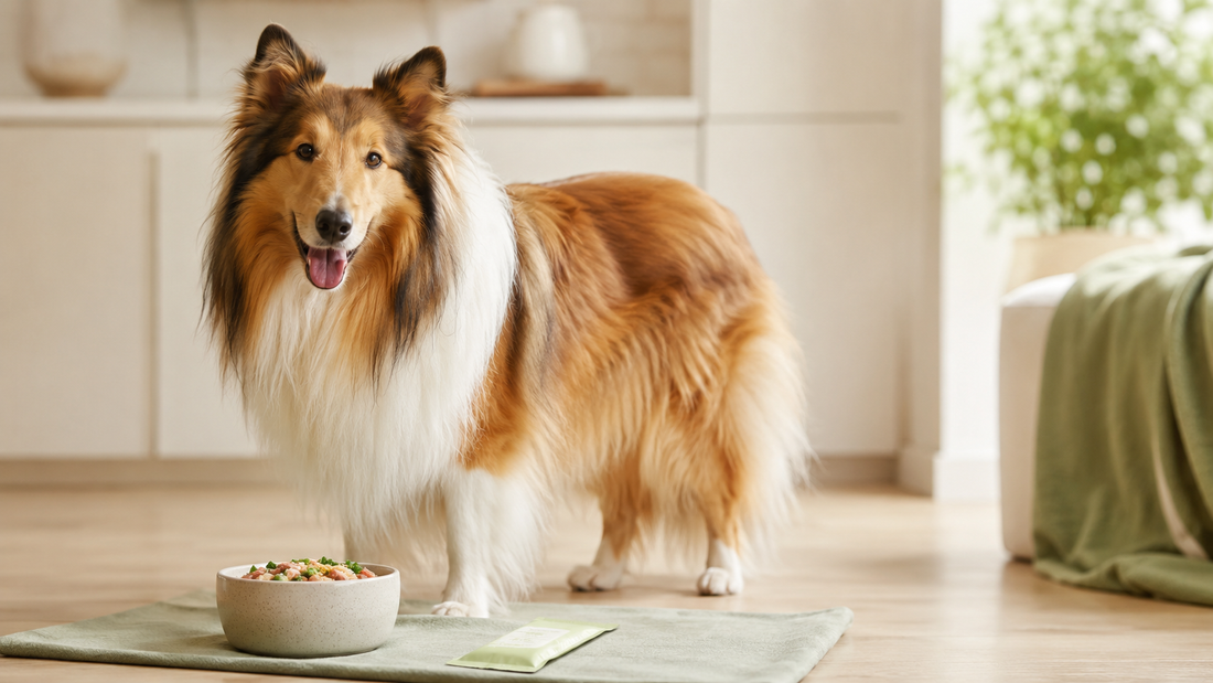 Rough Collie beside a fresh bowl in a bright kitchen — the canine gut microbiome and total health