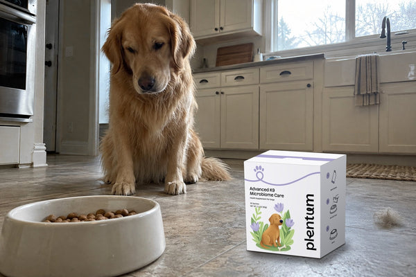 A golden retriever sits on a kitchen floor and looks down at a bowl of kibble next to a box of Microbiome Care