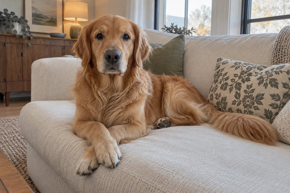 A golden retriever lies on a cream sofa on a knit throw and looks toward the camera