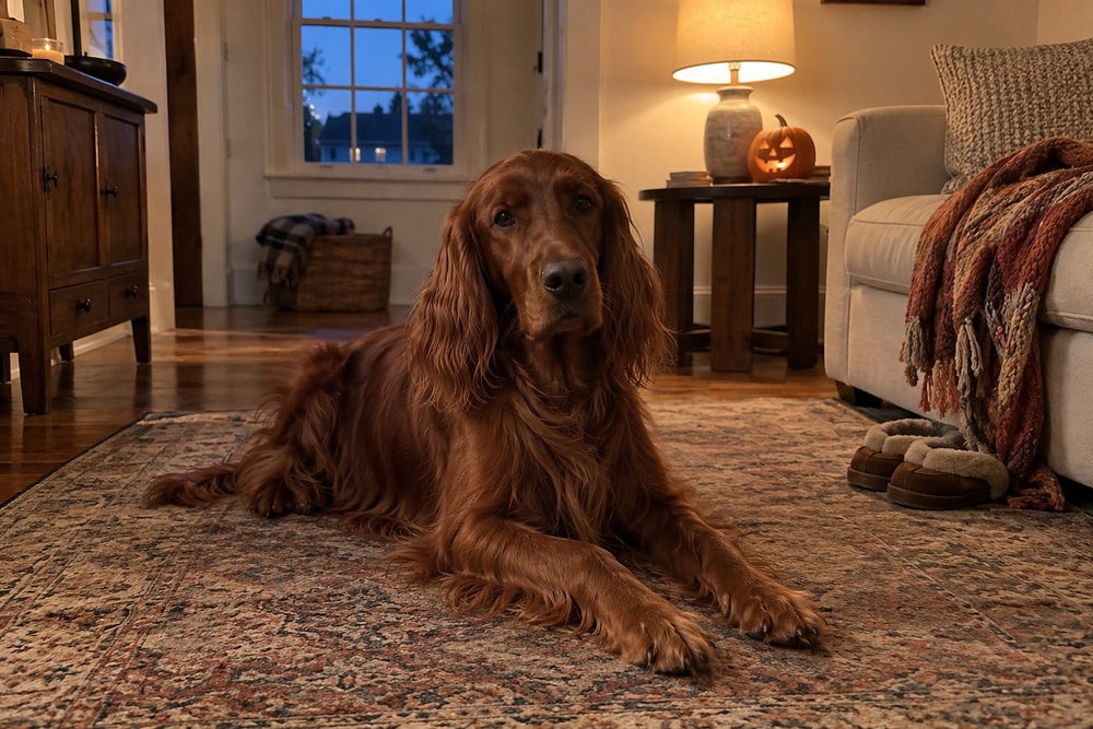 A red setter lies on a rug in a lamp-lit living room with a carved pumpkin on a side table